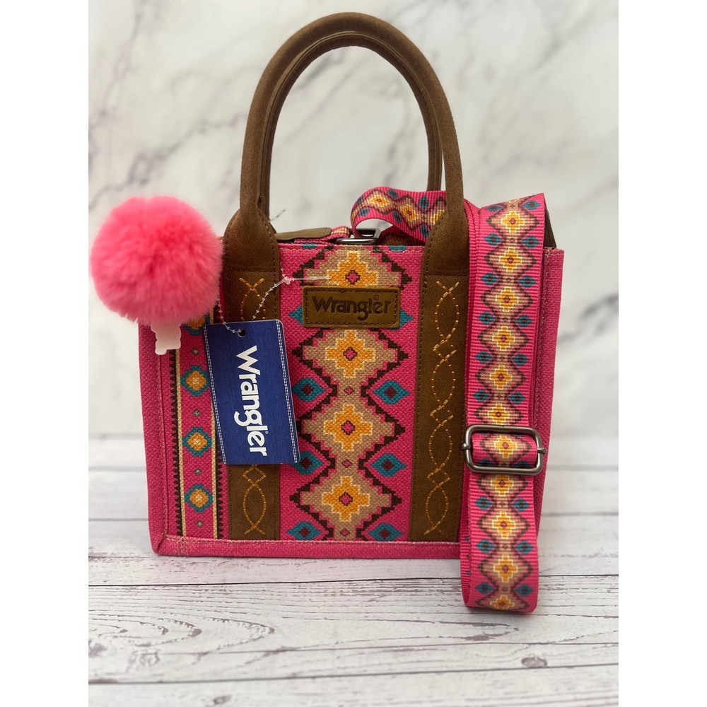 Wrangler Pink Southwestern Canvas Mini Tote Crossbody Bag with Pom Pom NEW